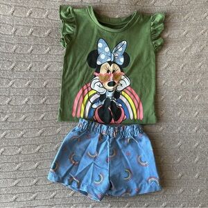 EUC Disney Baby Girl Outfit Set, Minnie Mouse Green, Blue, & Rainbows, 24 Months